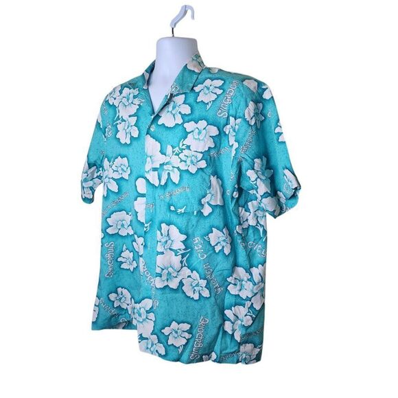 Vintage 80s Singapore Hawaiian Shirt Mens Size XL Blue Aloha - Picture 2 of 6